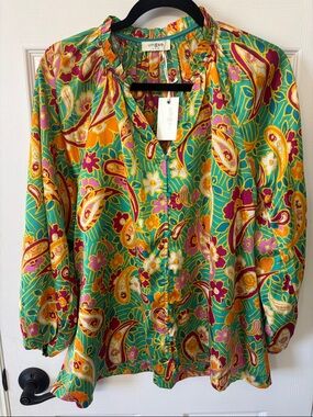 Umgee Teal Yellow Magenta Paisley Button-Front Blouse